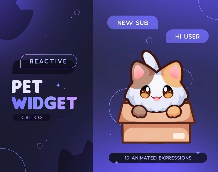 (Pupilek) Calico Cat Stream Pet | Cute Animated Cat Inside Box Mascot Twitch Widget | Reacts to Events & Custom Commands | 10 Expressions