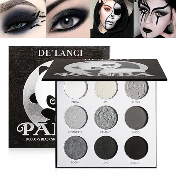 ecofavor Black Smoky Eye shadow Palette, DE’LANCI PANDA 9 Colors True Black Dark Grey Smokey Goth Makeup Pallet, 9 Soft Matte Shimmer High Pigmented Basic Black White Gray Shade for Halloween