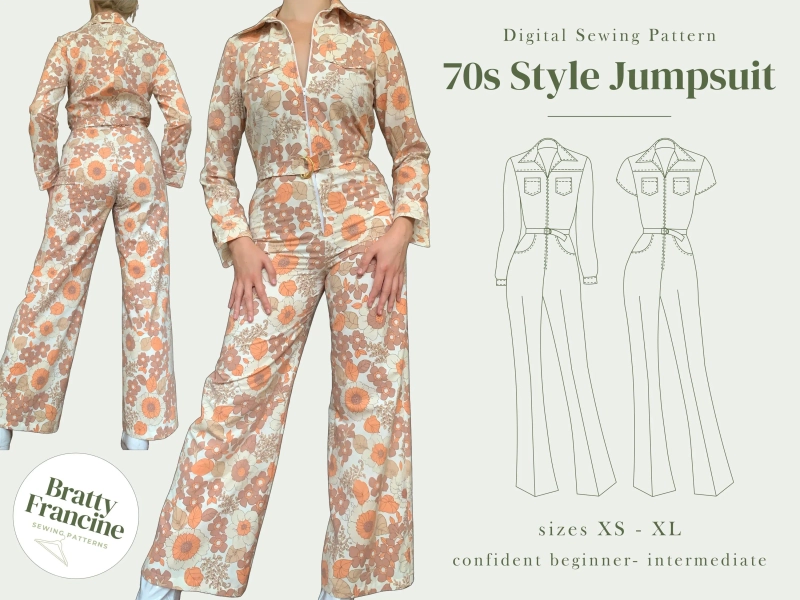 70s Style Jumpsuit Digital pdf Sewing Pattern // UK Size 6-18 // XS-XL // Instant Download in 3 Printable Sizes //