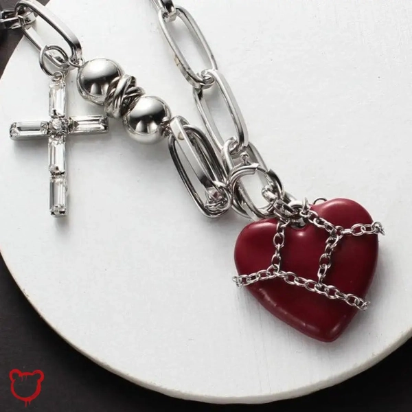 Cross Necklace: Red Heart Design