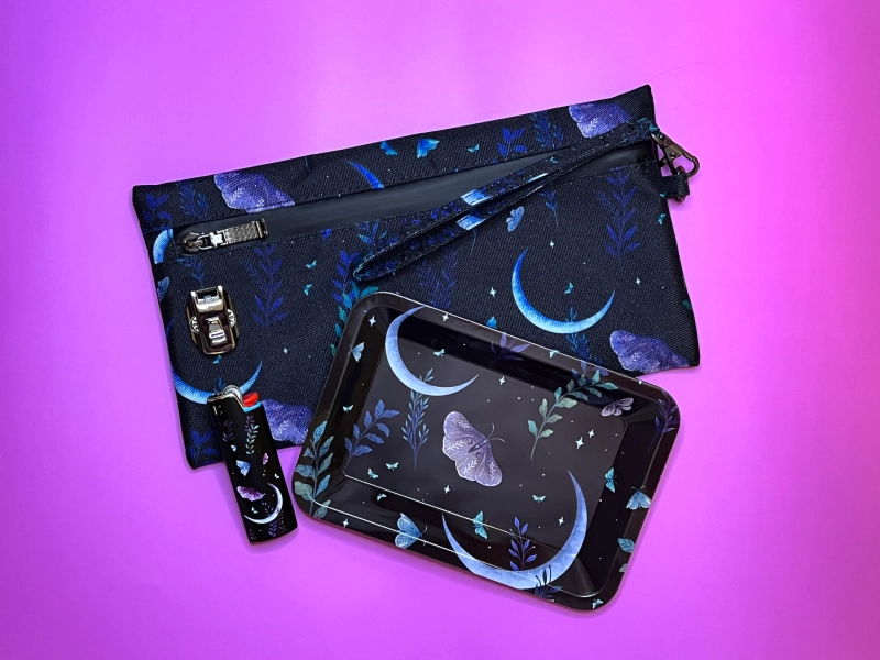 3-in-1 Set; Smell Proof Bag, Rolling Tray, Lighter Case (Butterfly and Moon Design)