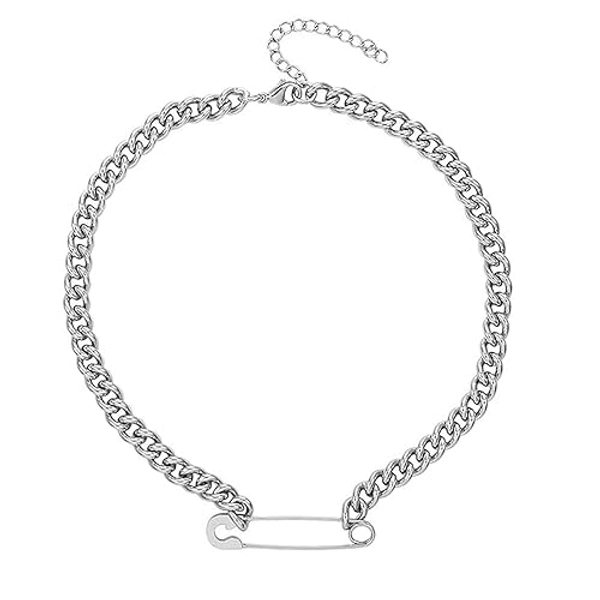 Punk Safety Pin Choker Necklace for Women Men Stainless Steel Silver Gothic Hip Hop Chunky Cuban Link Chain Necklaces Thick Trendy Grunge Paperclip Pendant Emo Rock Fashion Jewelry Christmas Halloween Gifts