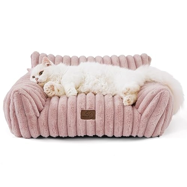 Bedsure Cute Couch for Pets - Fluffy Cat Sofa with Premium Soft Corduroy Fleece, Fuzzy Couch Bed with Removable Washable Cover, Supportive Cat Chair for Indoor Cats, 24inch, Blush Pink - 24x18x10" - Blush Pink