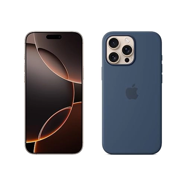 Apple iPhone 16 Pro Max (256 Go) - Titane Sable + Coque en Silicone avec MagSafe - Denim