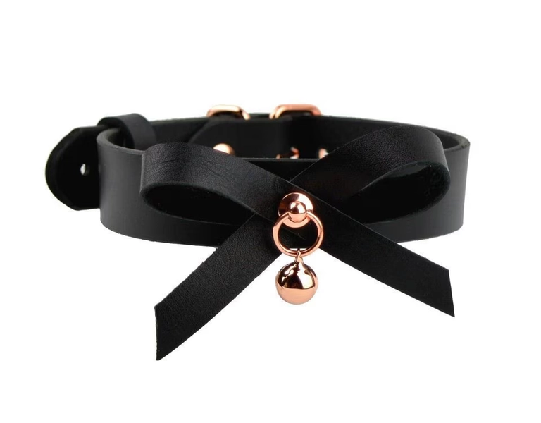 Lockable Black Leather Collar With Bow & Rose Gold Kitten Bell | Cute Kitty Pet Play Submissive 