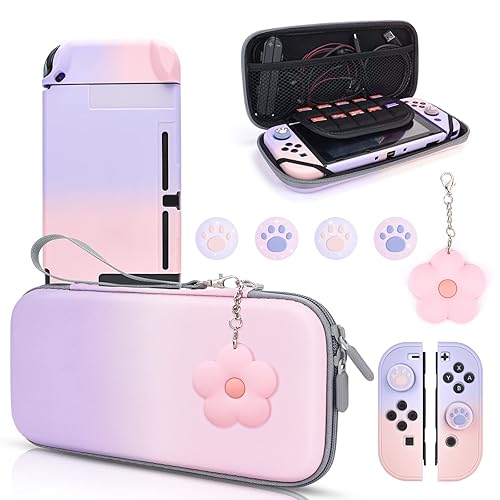 DLseego Pink and Purple Switch Case Set Gradient Carrying Case with 10 Slots Cute Protective Dockable Hard Shell with 4PCS Glitter Cat Paw Thumb Grips Caps and 1PC Flower Blossom Chain For Switch 2017 - Pink and Purple