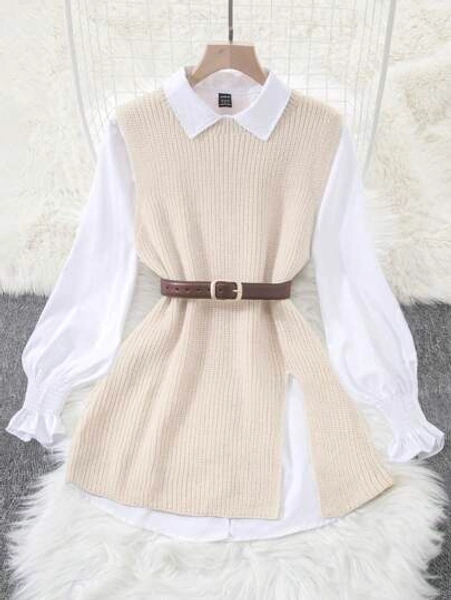 INAWLY 2 Stücke Set bestehend aus Bluse mit Frühlingslaternenaermeln in Weiß und offener, locker sitzender Strickjacke für Frauen