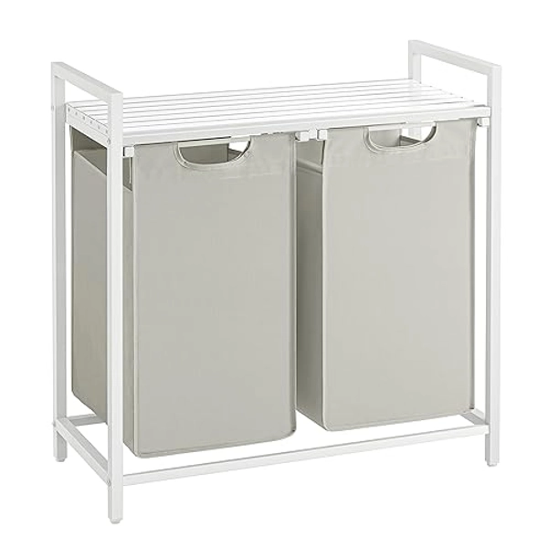 VASAGLE Laundry Hamper, Laundry Basket, Laundry Sorter with 2 Pull-Out and Removable Bags, Shelf, Metal Frame, 2 x 12.1 Gallons (46L), 28.8 x 13 x 28.4 Inches, White UBLH201W01