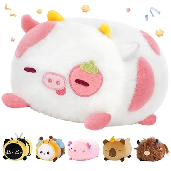 Mewaii Strawberry Cow Plush Pillow, Kawaii Cow Stuffed Animals, Cute Plushies for Girls, Soft Pink Cow Plush, Birthday Gifts for Kids Adults Teens (8 Inch)