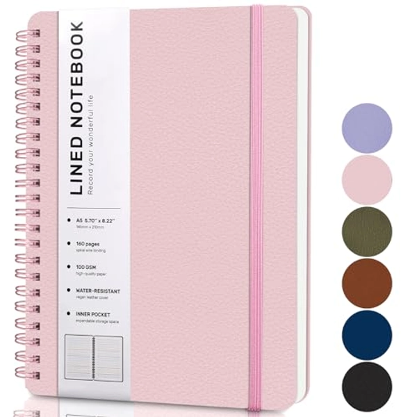 Lined Spiral Journal Notebook, A5 Hardcover Leather Notebook for Work, 5.7''×8.2'', 100GSM Thick Paper Spiral Bound Journaling Notebooks for Women & Men Office School Note Taking Business, Pink