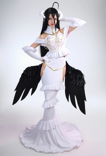 Overlord Albedo Cosplay Costume White Off-shoulder Top and Cutout Skirt Set