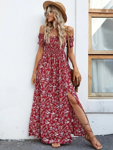 SHEIN Holidaya Off Shoulder Ditsy Floral High Split Dress Maxi Vacation Beach Outfits Women