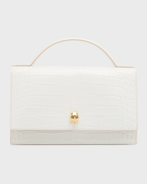 Medium Skull Croc-Embossed Top-Handle Bag