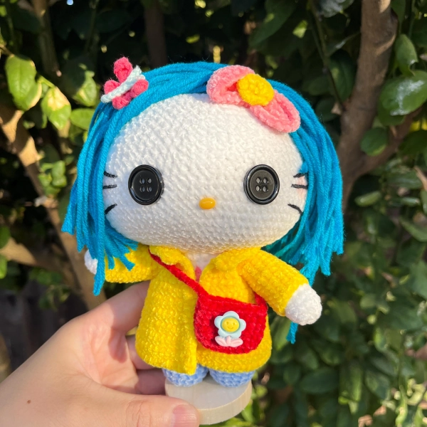 HelloKitty doll in Coraline Costume | Halloween Crochet Doll | Amigurumi Hello Kitty Coraline Doll | Handmade Sanrio Coraline Plush
