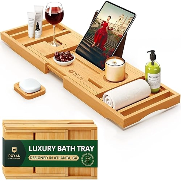 ROYAL CRAFT WOOD Premium Foldable Bathtub Tray - Wood Bath Tray for Tub, Bamboo Shelf, Expandable Bath Table Trays, Bathtub & Bathroom Accessories for New Home & Mothers Day & Birthday Gifts for Mom