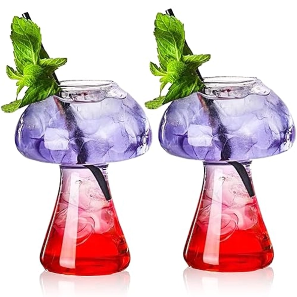 SuproBarware Wine Glasses Creative Mushroom Shaped Cocktail Drinks Glass Cup Set of 2 Clear 250ml/8.5oz for Party Novelty Drinking for KTV Bar Club (Transparent)