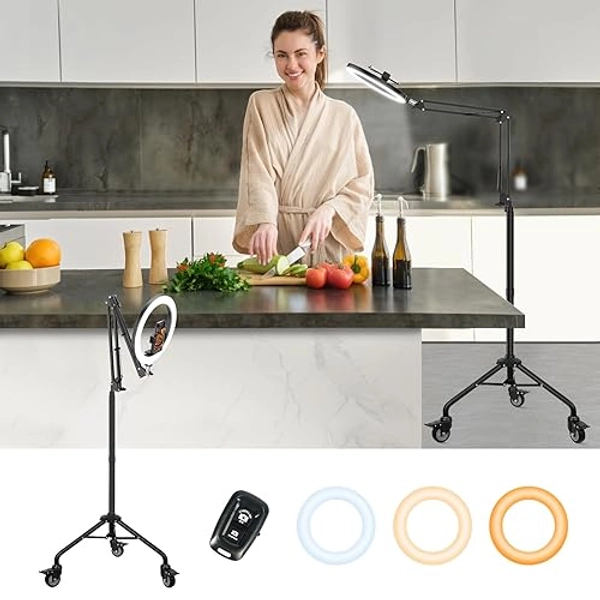 LUXSURE Ring Light Tripod for iPhone,Ring Light with Stand and Phone Holder,LED Overhead Camera/Phone Mount with Casters,Phone Tripod with Light and Remote for Video Recording/Live Stream/Cooking