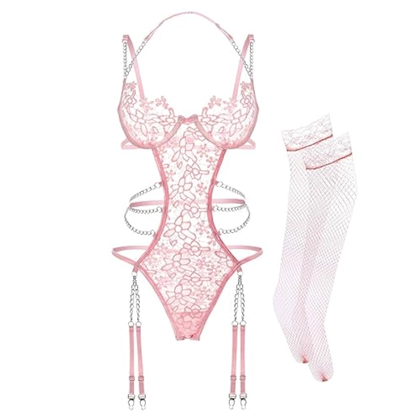 Women Lingerie Set Floral Lace Teddy Strap Chain Babydoll Bodysuit Bra and Panty Set with Garter Belts