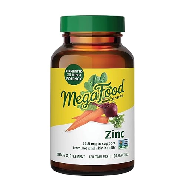 MegaFood Zinc - Immune Support Supplement - High Potency Fermented Zinc Supplements with Nourishing Food Blend - Vegan, Non-GMO, Gluten-Free, and Kosher - Made Without 9 Food Allergens - 120 Tabs