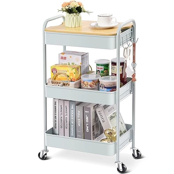 TOOLF 3 Tier Rolling Cart, Metal Utility Cart with Wheels & Wooden Top, Diaper Organizer Cart, Rolling Craft Storage Cart, Serving Trolley Cart for Kitchen, Office, Bathroom, Baby Nursery, Green
