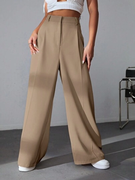 SHEIN EZwear Solid Wide Leg Khaki Pants