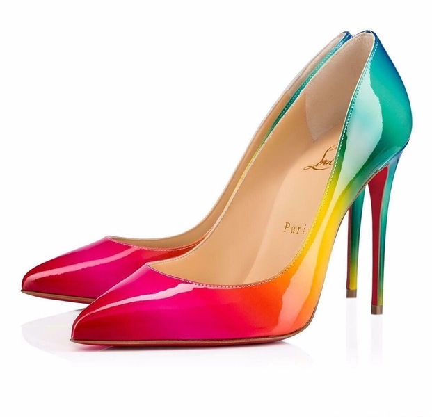 Christian Louboutin Pigalle Follies 100 Rainbow Red Blue Patent Heel Pump 35.5