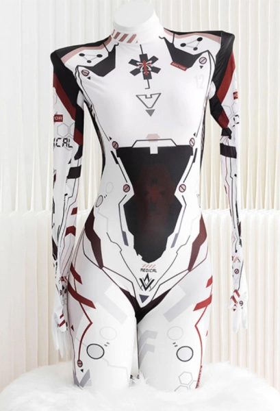 Sexy Lingerie Full Body Tight Jumpsuit Black White Mechanical Style Printed Bodysuit