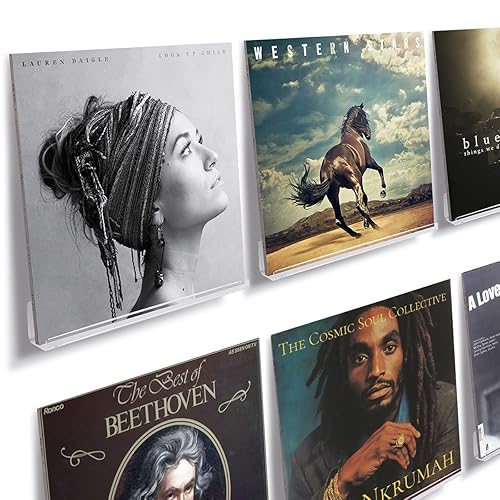 NIUBEE Clear Vinyl Record Shelf Wall Mount 6 Pack,Acrylic Album Record Holder Display Your Daily LP Listening in Office Home - 12"D x 1.65"W x 1.65"H - Clear