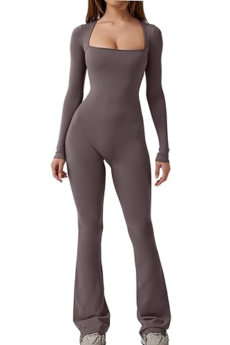 QINSEN Jumpsuits for Women Square Neck Wide Leg Full Length Romper Playsuit - Small - Dark Grey
