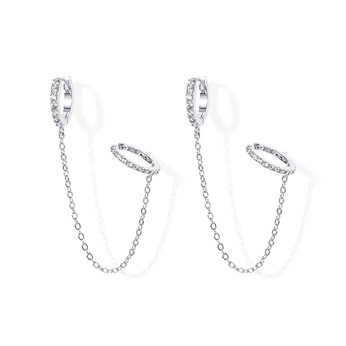 PAVOI 14K Gold Chain Earrings for Women | Double Piercing Dangle Chain Huggie Hoop Earrings | Cubic Zirconia Pearl Stud Ear Cuff Earrings for Women - White Gold - Cuff