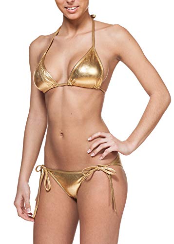 Gary Majdell Sport Ladies' Liquid Metallic Shiny String Bikini 2 Piece Swimsuit Set - Small - Liquid Gold