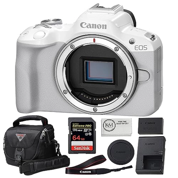 Canon EOS R50 Mirrorless Camera | White Bundled with 64GB Memory Card + Camera Case with Rain Cover + Microfiber Cleaning Cloth (4 Items)