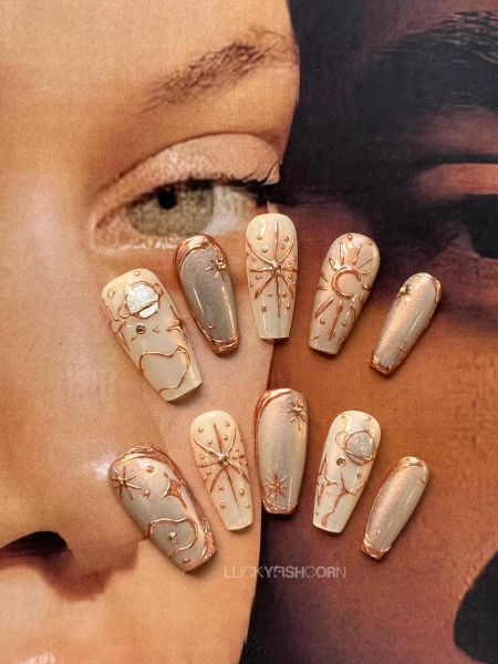 Retro Brown Sun Star Press on nails long coffin nails/3D Chrome nails/Star and Moon Nails/Gothic Nails/Sun Star Nails/y2k nails/gyaru nails