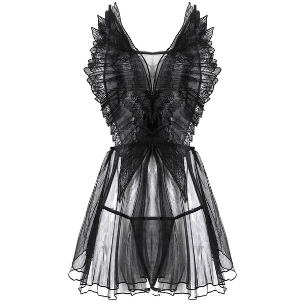 'Devil Beside You' Black Wing Mesh Lingerie Night Dress
