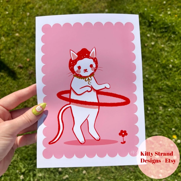 Strawberry Cat Art Print - Strawberry Aesthetic Wall Decor - Pink Retro Print - Gift for Cat Lover - White Cat Art - Cute Girls Room Art