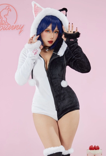 Halloween Kawaii Fluffy Bodycon Romper Black White Cat Paw Print Onesie Bodysuit Cat Ear Hooded Homewear Jumpsuit with Choker and Socks