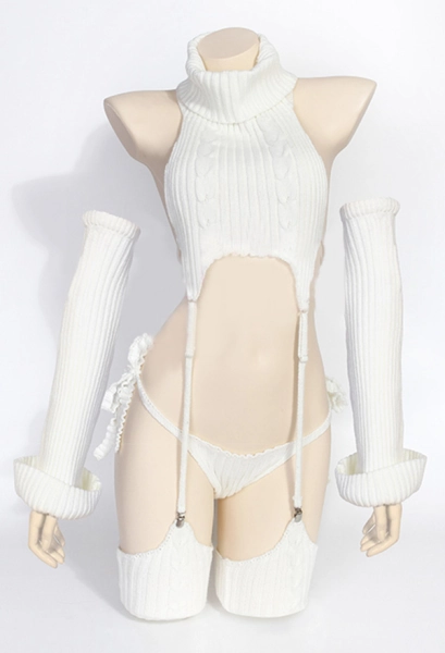 Sexy Lingeire Set Backless Crop Sweater and Lace-Up Thong with Arm Sleeves Thigh High Stockings