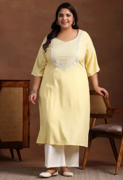 Memsaab Yellow Thread Work Straight Kurta - Memsaab