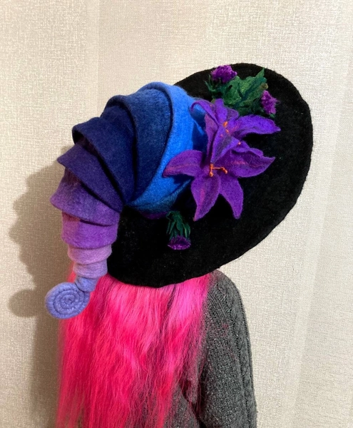 Witch hat wizard hat, wool flower hat halloween costume, spring hat, custom cosplay hat, wool flower hat, magic, forester hat, moon hat