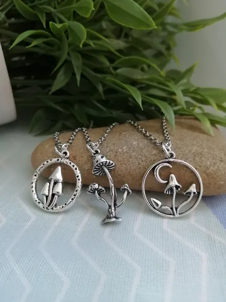 Mushroom necklaces- 3 styles, Tibetan silver charm on 18&quot; stainless steel chain with 2&quot; extender and lobster clasp, hypoallergenic