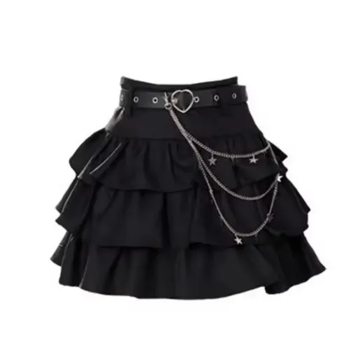  Sweet Cool Spicy Girl Heart Belted Puffy Skirt Women's Mini Half-length Short Skirts Summer New Black A- line High-waist