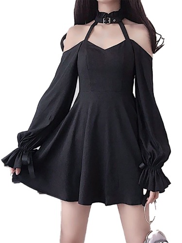 Sunny Step, Gothic Choker Neck, Dress, Black, S - 6L, Large Size, Shoulder Out, Off Shoulder, Long Sleeve, Gothic Lolita, Sexy, Simple - 2XL