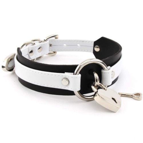 Choker, Heart Collar, Padlock, Ring, PU Leather - white black & silver