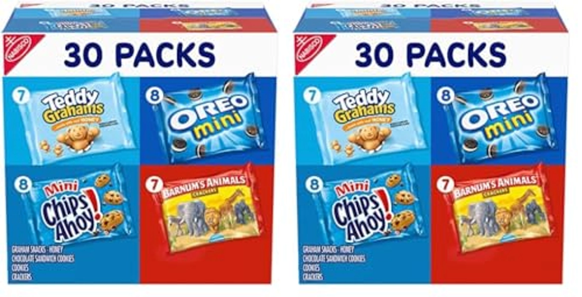 Nabisco Team Favorites Variety Pack, OREO Mini, CHIPS AHOY! Mini, Teddy Grahams Honey & Barnum's Animal Crackers, 30 Snack Packs (Pack of 2)
