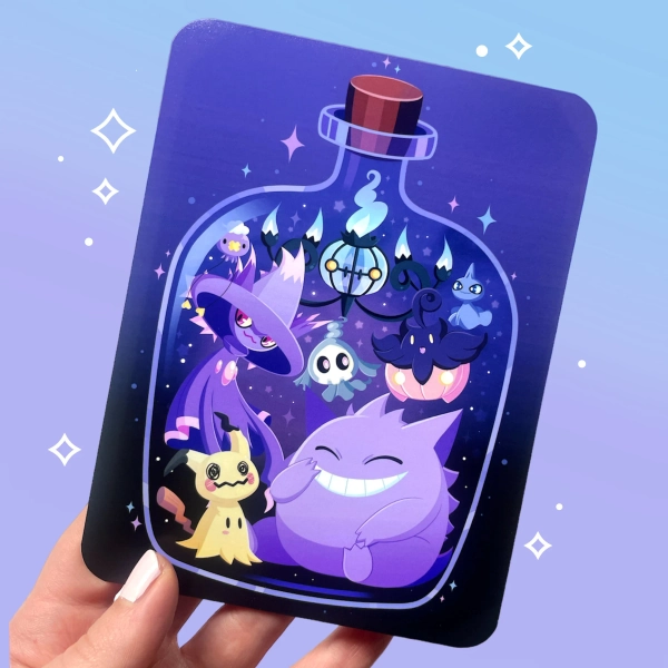 Ghost type inspired potion bottle print | Gengar, Mimikyu, Pumpkaboo, Chandelure group anime art | Kawaii and purple aesthetic