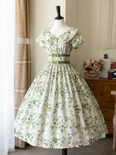 [$84.50]Summer Floral Print Dress Green Elegant One Piece