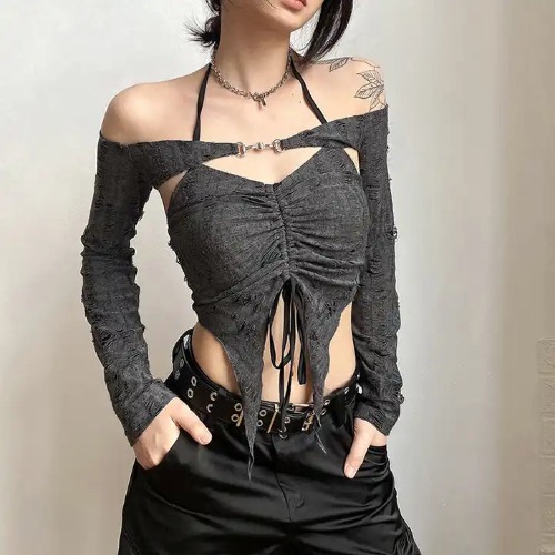 Grunge Backless Crop Top - Grey / M