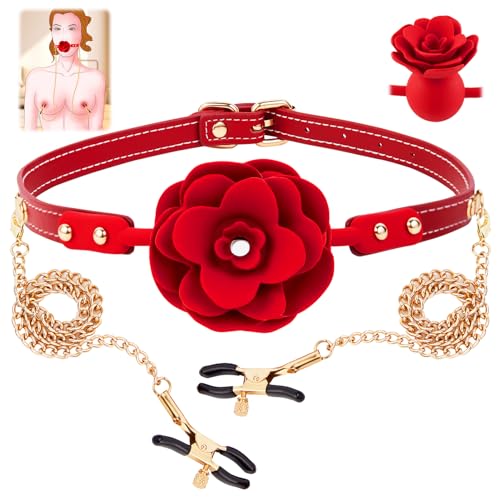 Silicone Rose Mouth Ball Gag - UTIMI Breathable Open Mouth Gag Ball with Removable Nipple Clitoris Clips Adult Bondage Restraints BDSM Sex Toy for Men Women and Couple Foreplay | Red - Red - Rose