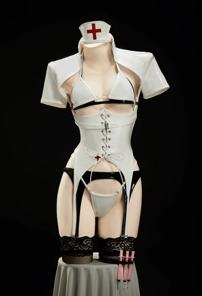 Sexy White Nurse Uniform Cosplay - Cut Out Bodysuit with Black and White Bra and Thong