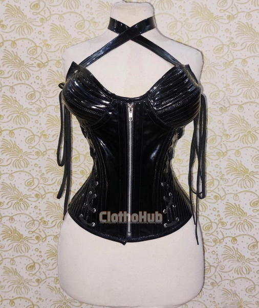 Black PVC Overbust Corset: Steel Boned Waist Trainer, Clubwear Cosplay
